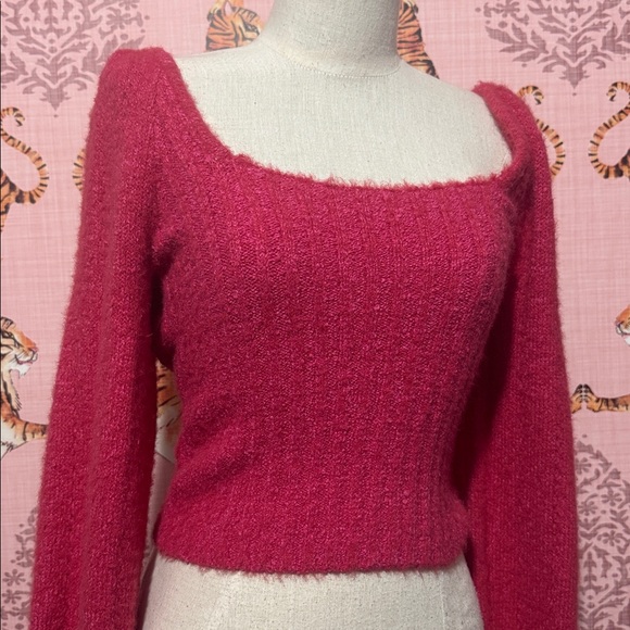 Free People KATIE HOT PINK RIBBED KNIT BALLOON SLEEVE SWEATER TOP NWT Small - Picture 4 of 7